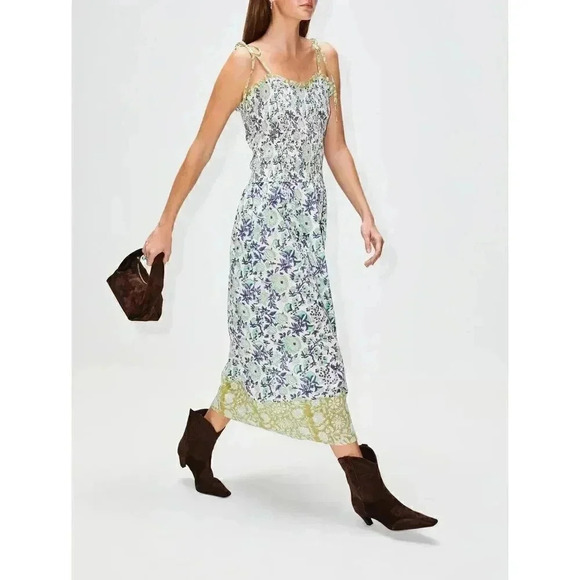 ALIX OF BOHEMIA, NWT Luna Jardin Dress Sz L, Blue White Smocked Handprinted Midi - Picture 3 of 14